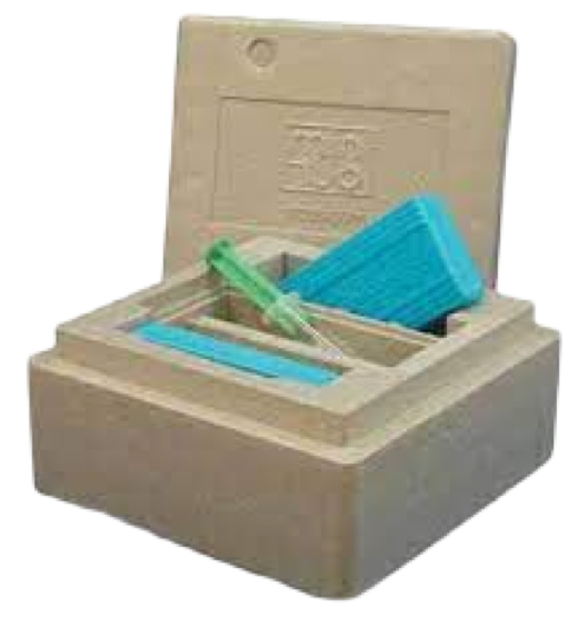 Frozen Semen cooler box containing a syringe and ice packs.